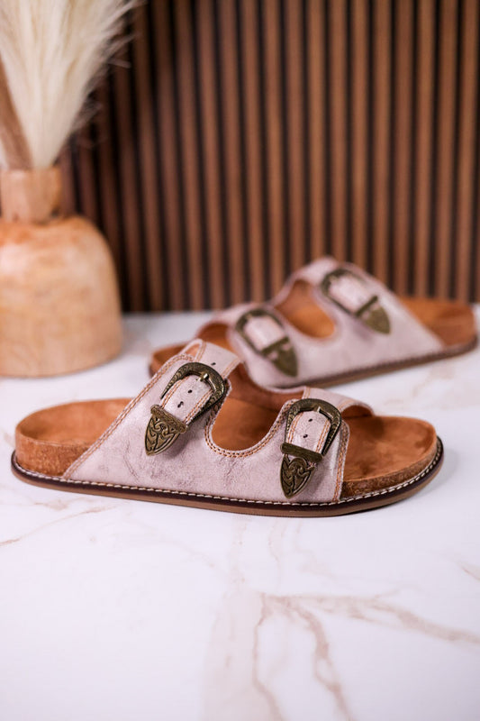 "Atta Girl" Cream Crackle Sandals With Engraved Buckles - Whiskey Skies - CORKYS FOOTWEAR
