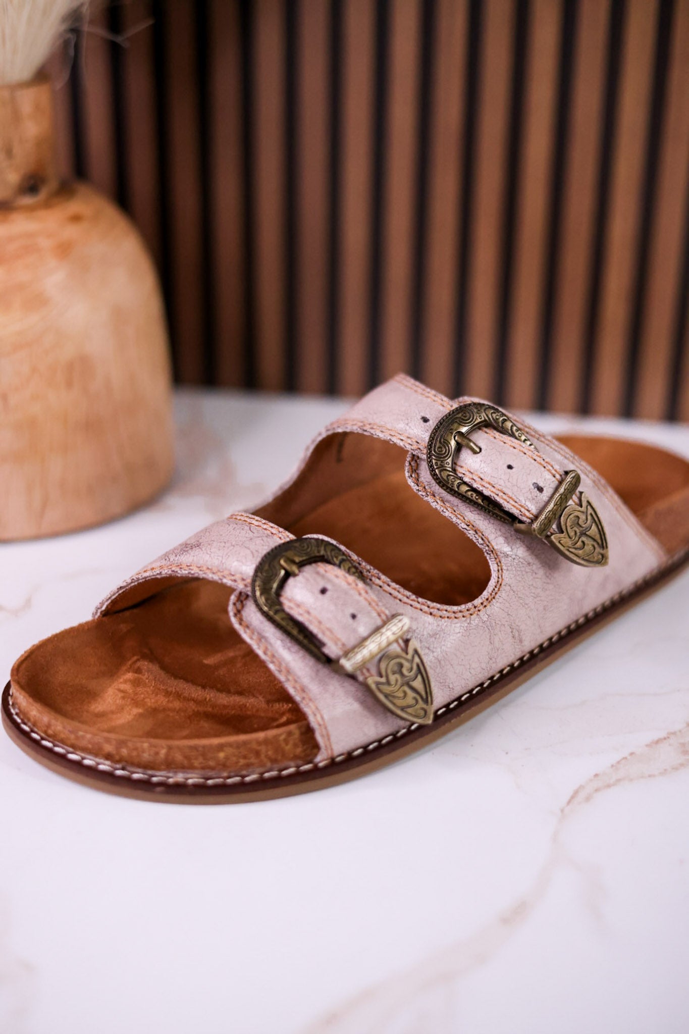 "Atta Girl" Cream Crackle Sandals With Engraved Buckles - Whiskey Skies - CORKYS FOOTWEAR