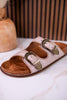 "Atta Girl" Cream Crackle Sandals With Engraved Buckles - Whiskey Skies - CORKYS FOOTWEAR