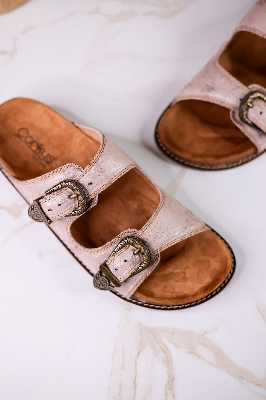 "Atta Girl" Cream Crackle Sandals With Engraved Buckles - Whiskey Skies - CORKYS FOOTWEAR