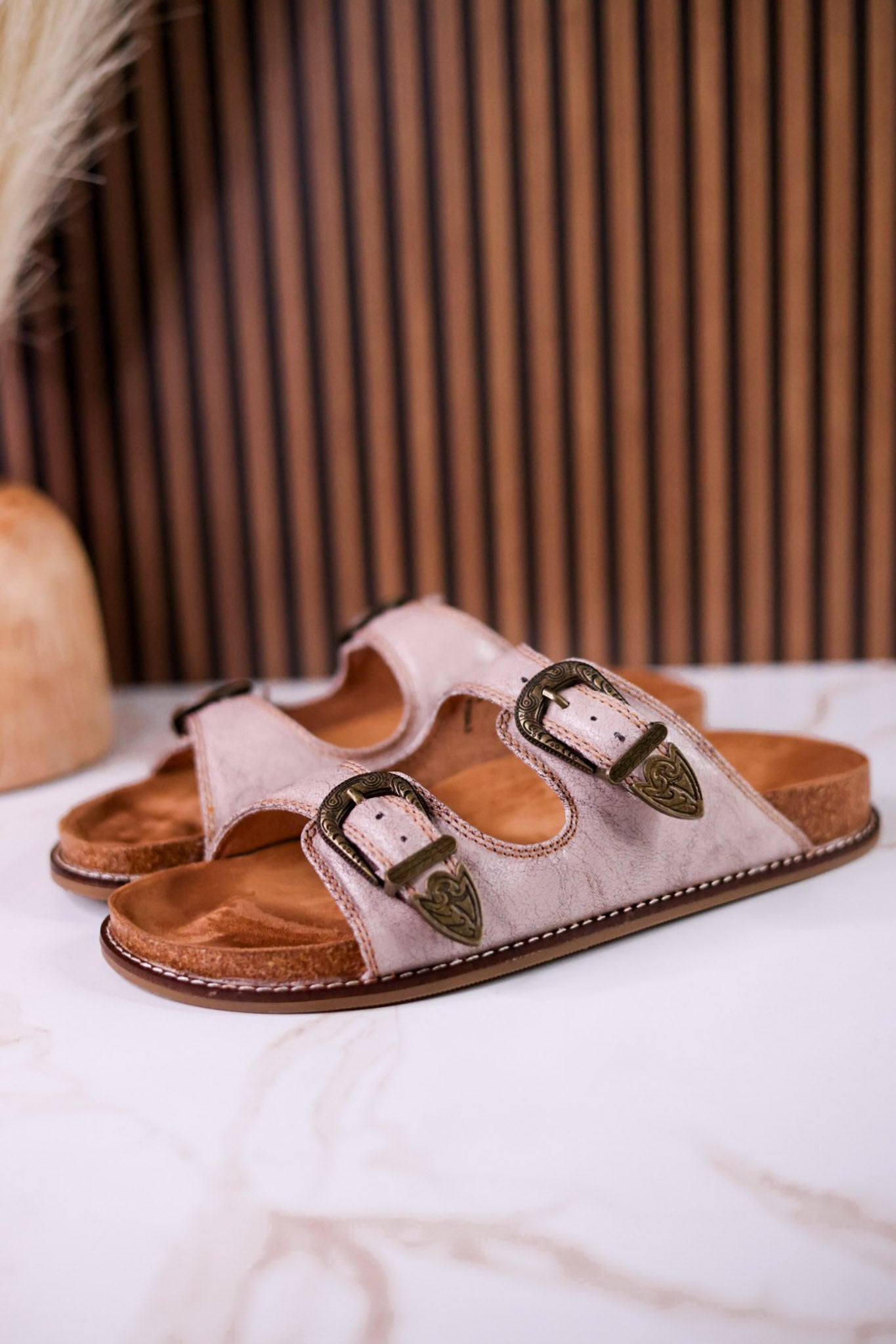 "Atta Girl" Cream Crackle Sandals With Engraved Buckles - Whiskey Skies - CORKYS FOOTWEAR