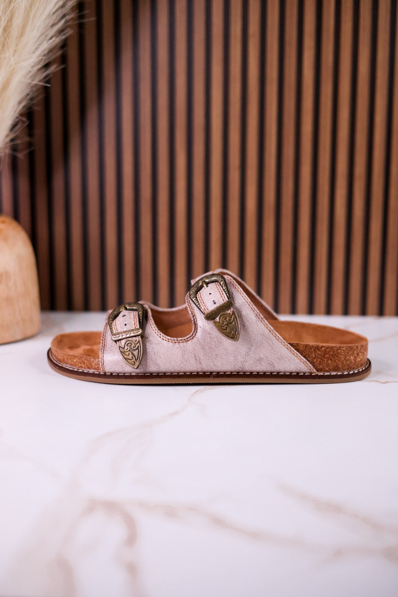 "Atta Girl" Cream Crackle Sandals With Engraved Buckles - Whiskey Skies - CORKYS FOOTWEAR