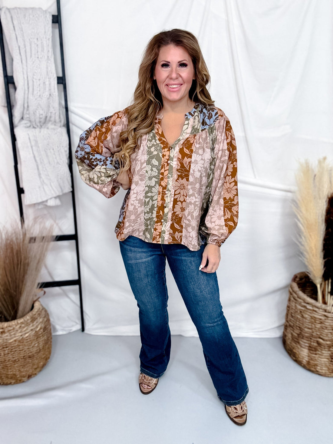 Autumn Floral Print Button Front Top With Split Neckline - Whiskey Skies - ODDI