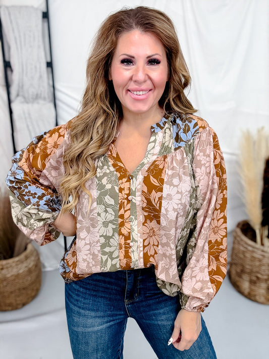 Autumn Floral Print Button Front Top With Split Neckline - Whiskey Skies - ODDI