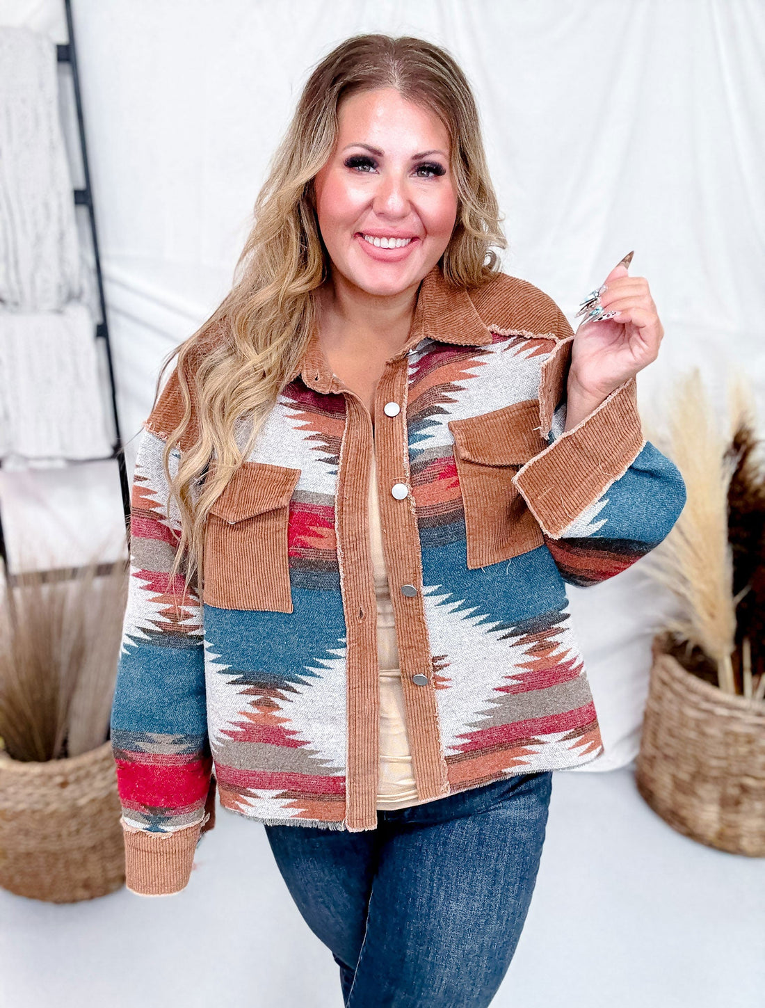 Aztec Pattern Color Block Button Down Shacket - Whiskey Skies - SWEET GENERIS