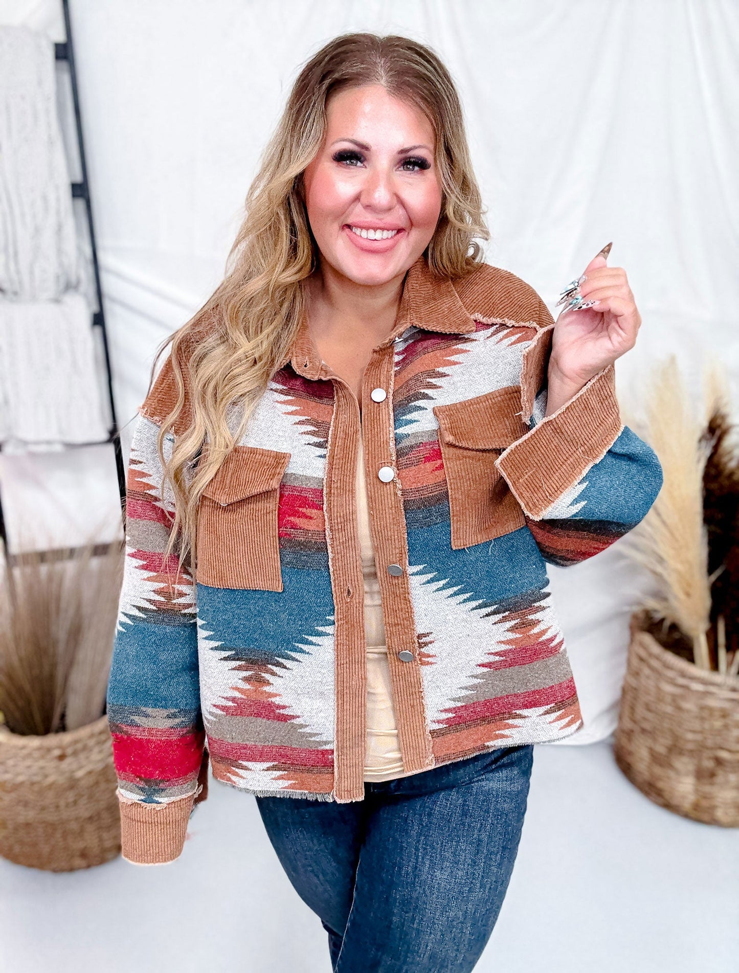 Aztec Pattern Color Block Button Down Shacket - Whiskey Skies - SWEET GENERIS