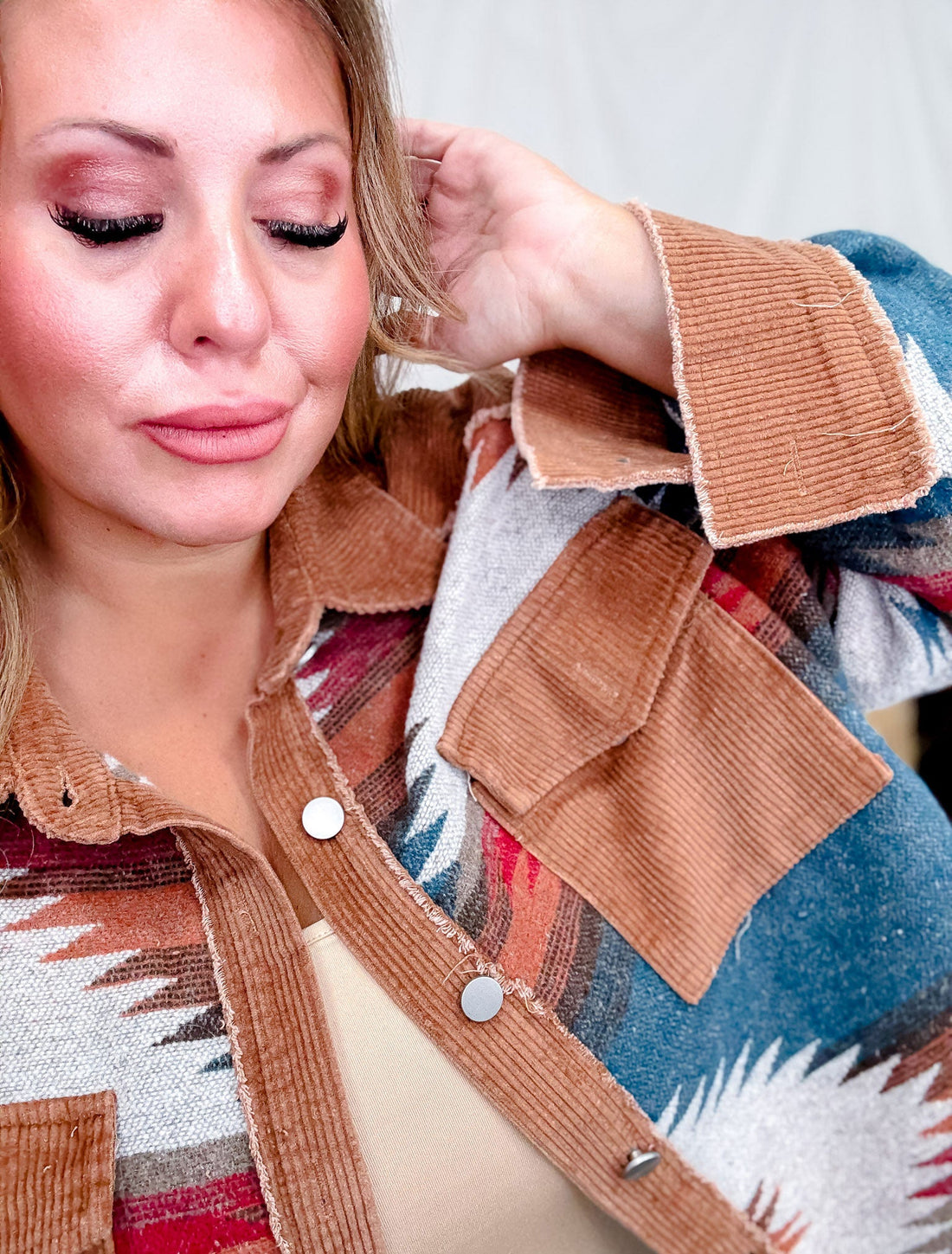 Aztec Pattern Color Block Button Down Shacket - Whiskey Skies - SWEET GENERIS