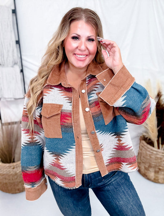 Aztec Pattern Color Block Button Down Shacket - Whiskey Skies - SWEET GENERIS