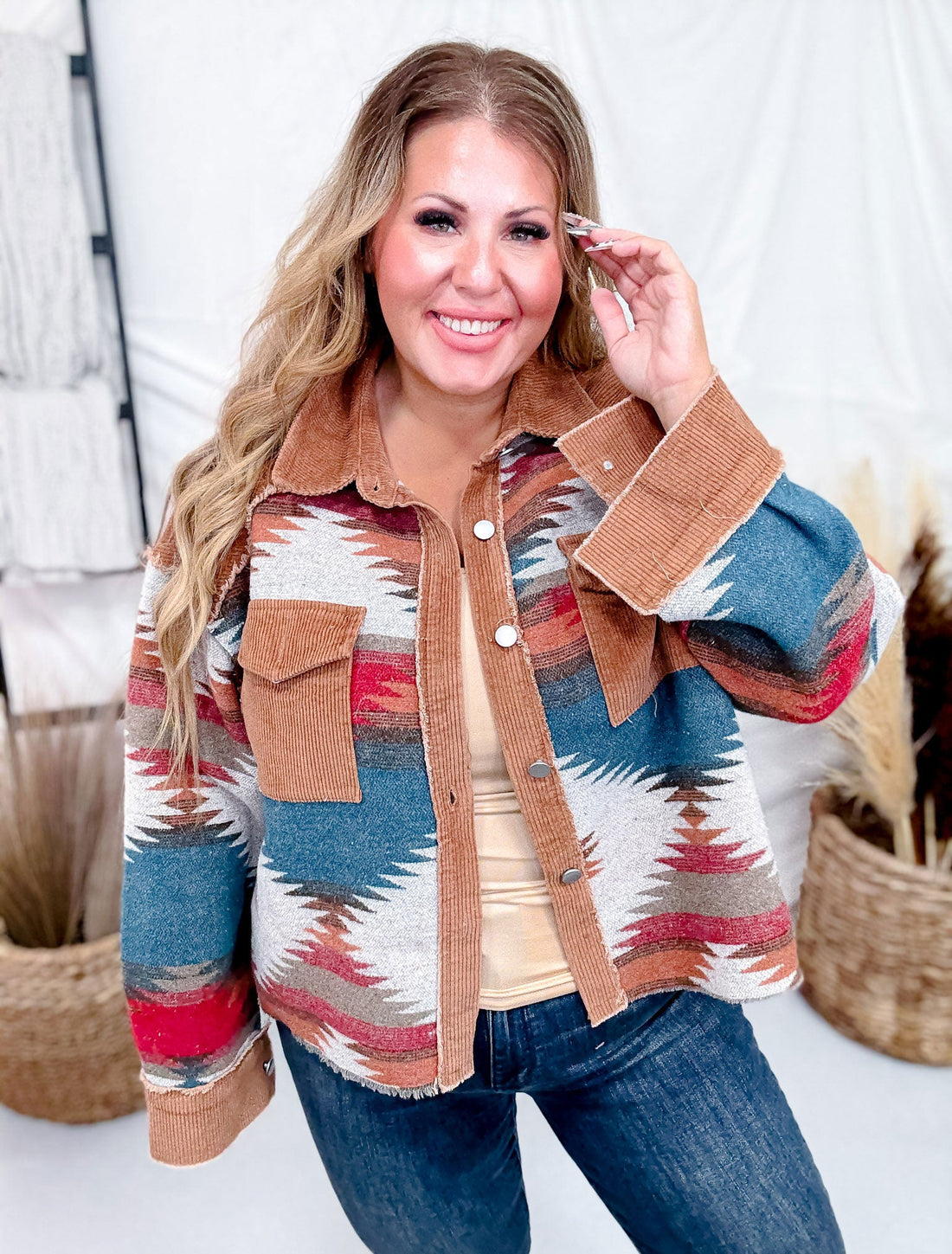 Aztec Pattern Color Block Button Down Shacket - Whiskey Skies - SWEET GENERIS