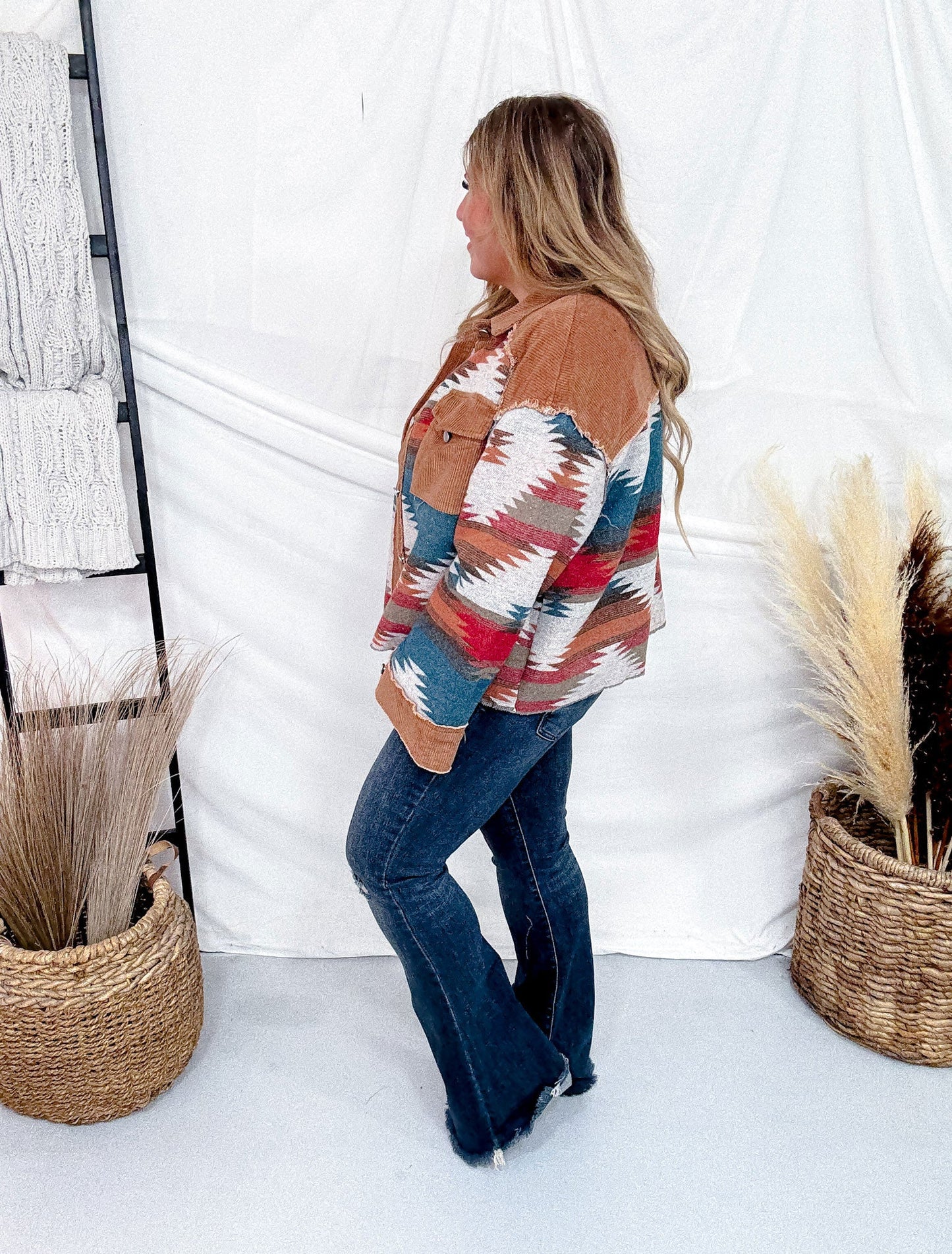Aztec Pattern Color Block Button Down Shacket - Whiskey Skies - SWEET GENERIS