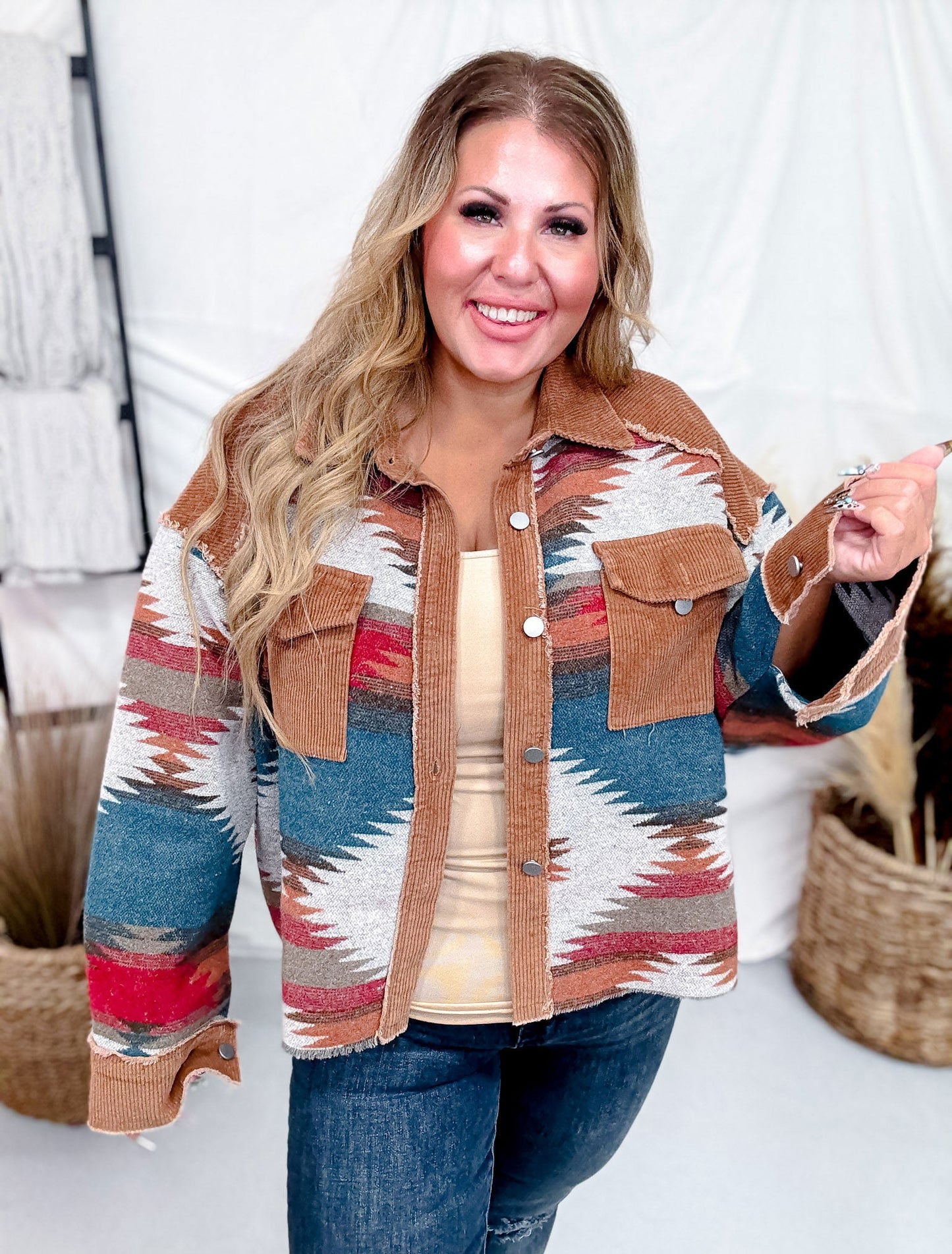 Aztec Pattern Color Block Button Down Shacket - Whiskey Skies - SWEET GENERIS