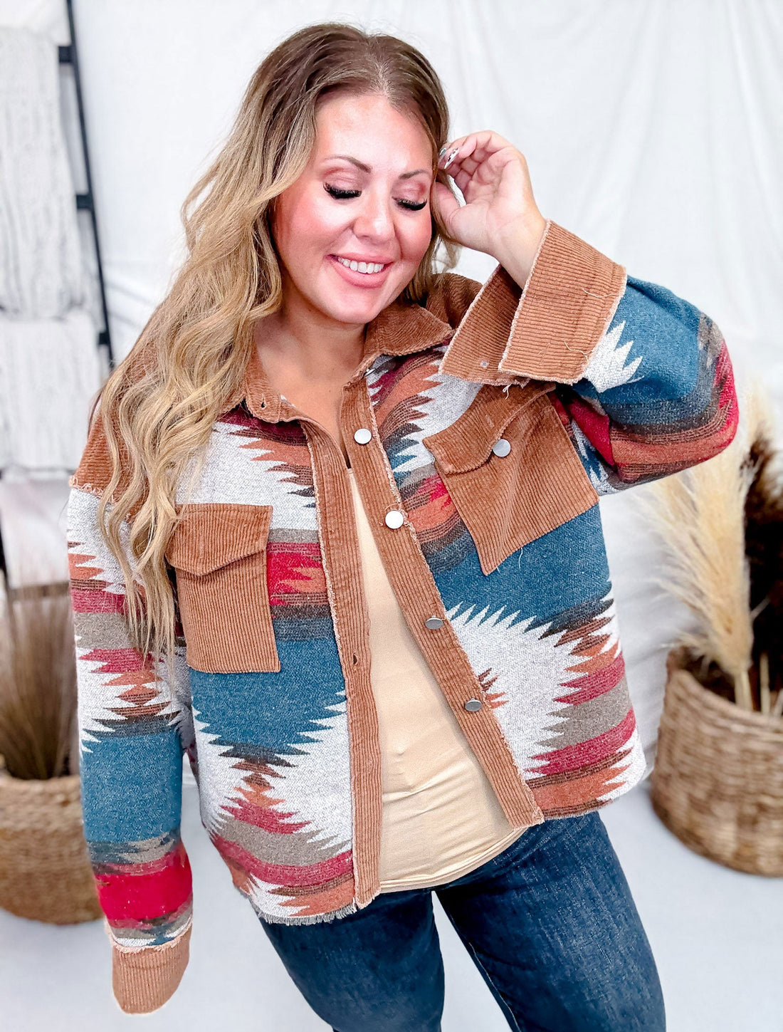 Aztec Pattern Color Block Button Down Shacket - Whiskey Skies - SWEET GENERIS