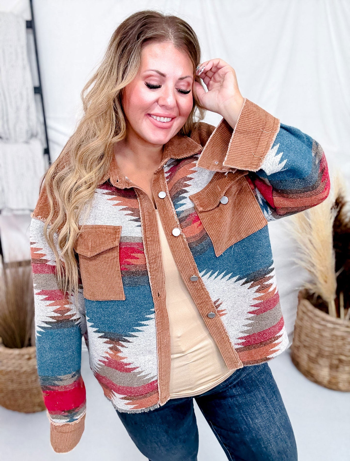 Aztec Pattern Color Block Button Down Shacket - Whiskey Skies - SWEET GENERIS
