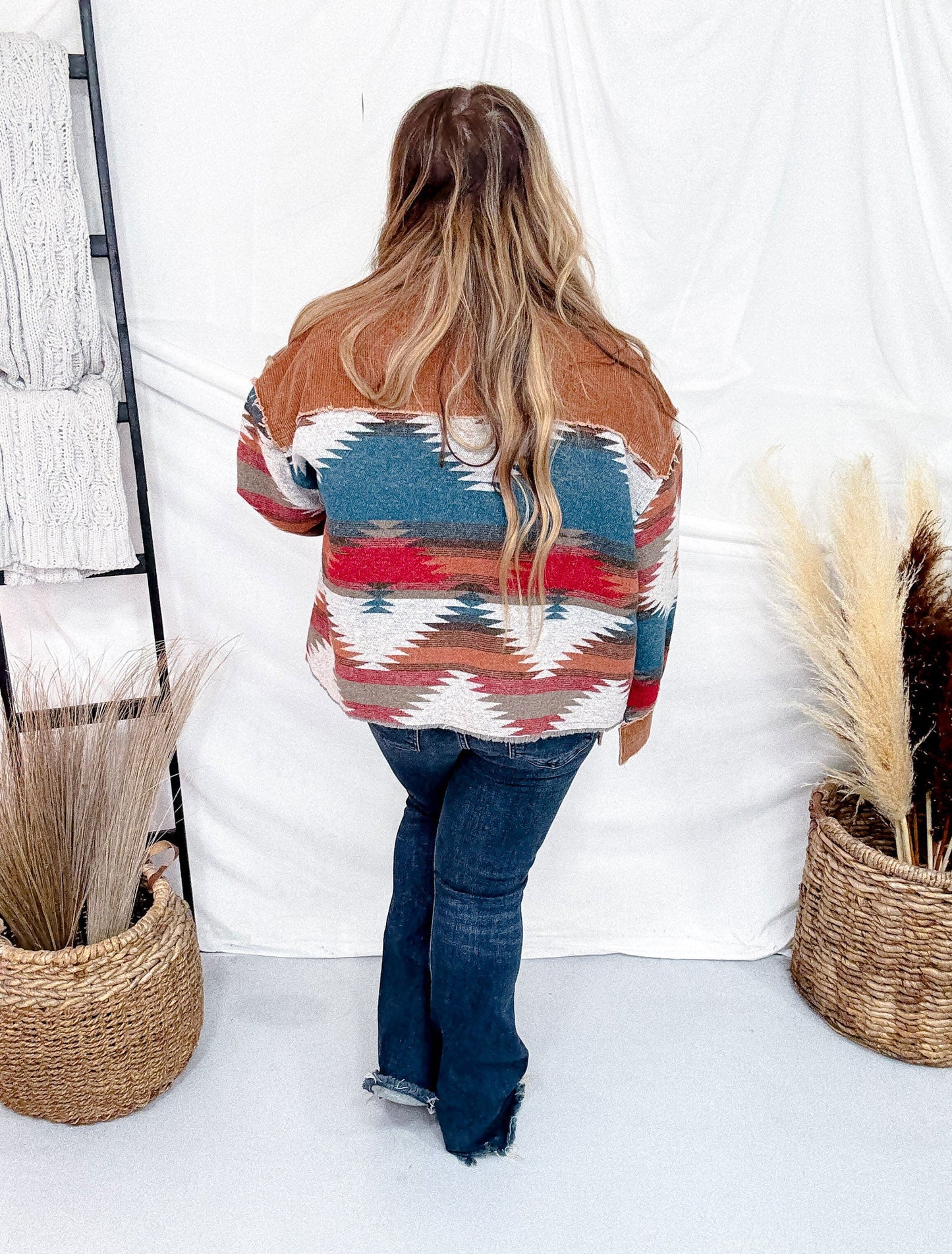 Aztec Pattern Color Block Button Down Shacket - Whiskey Skies - SWEET GENERIS