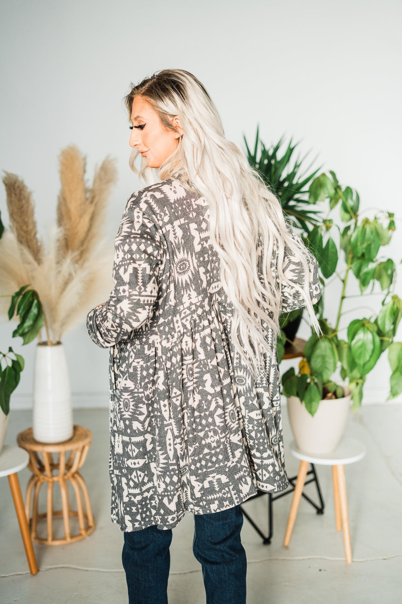 Aztec Print Open Cardigan - Whiskey Skies - HEIMISH