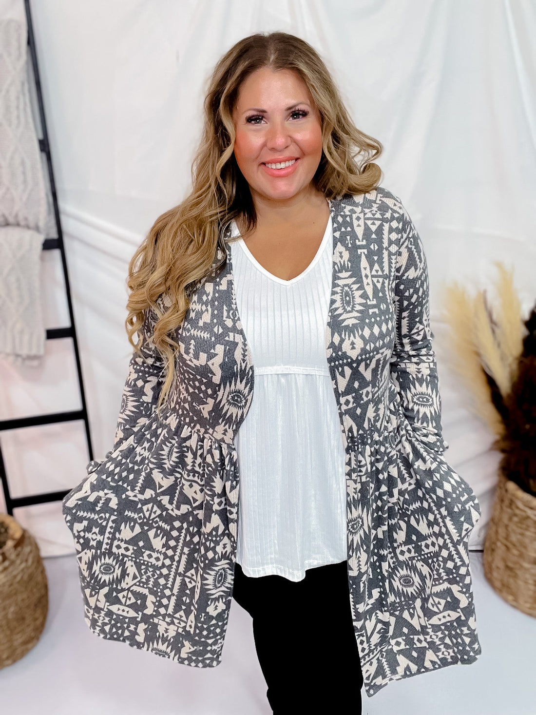 Aztec Print Open Cardigan - Whiskey Skies - HEIMISH