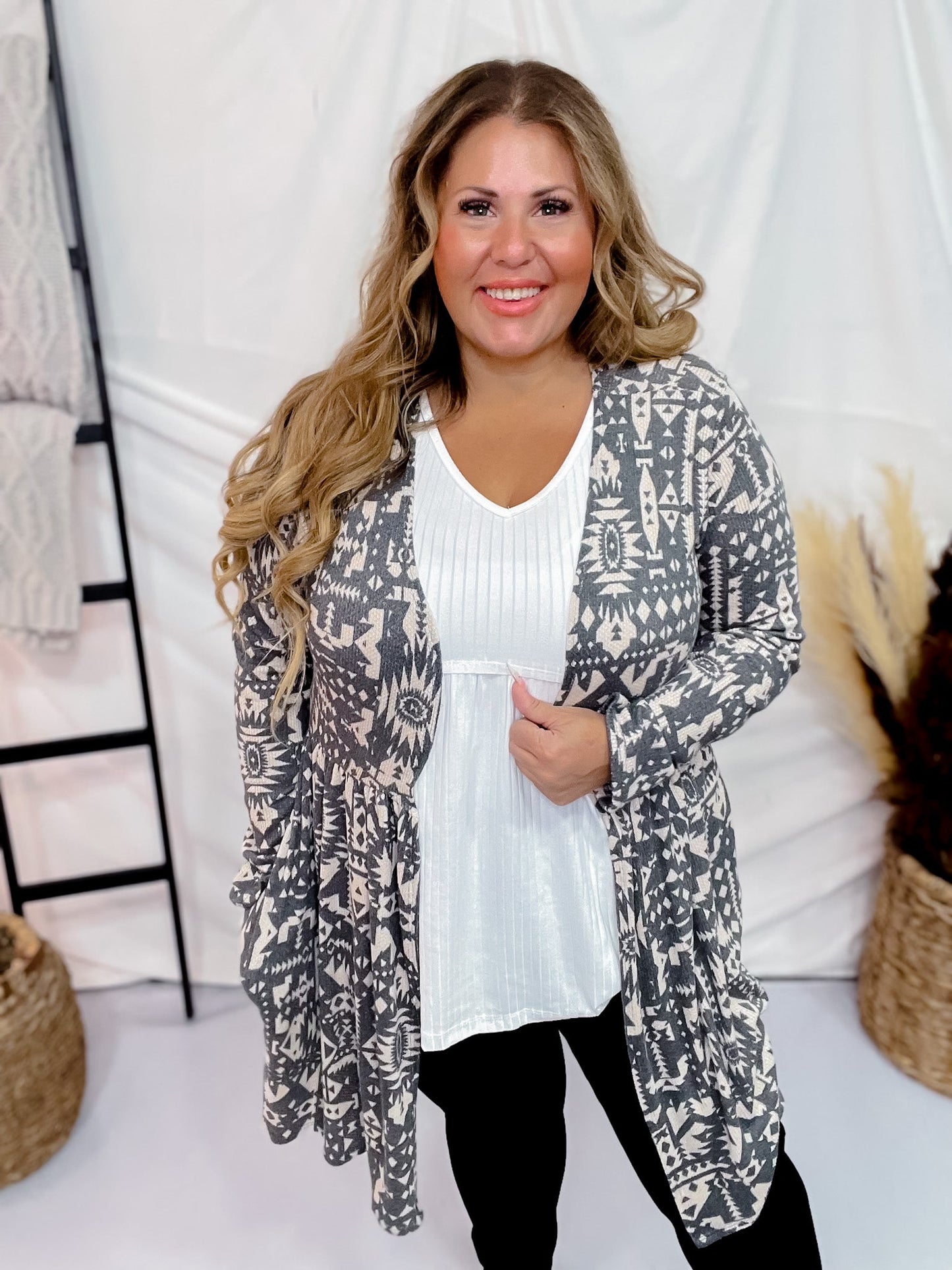 Aztec Print Open Cardigan - Whiskey Skies - HEIMISH