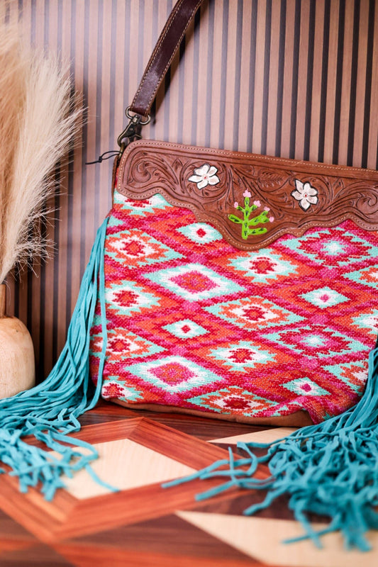 Aztec Print Purse with Turquoise Fringe and Hand Tooled Leather - Whiskey Skies - MYRA BAGS