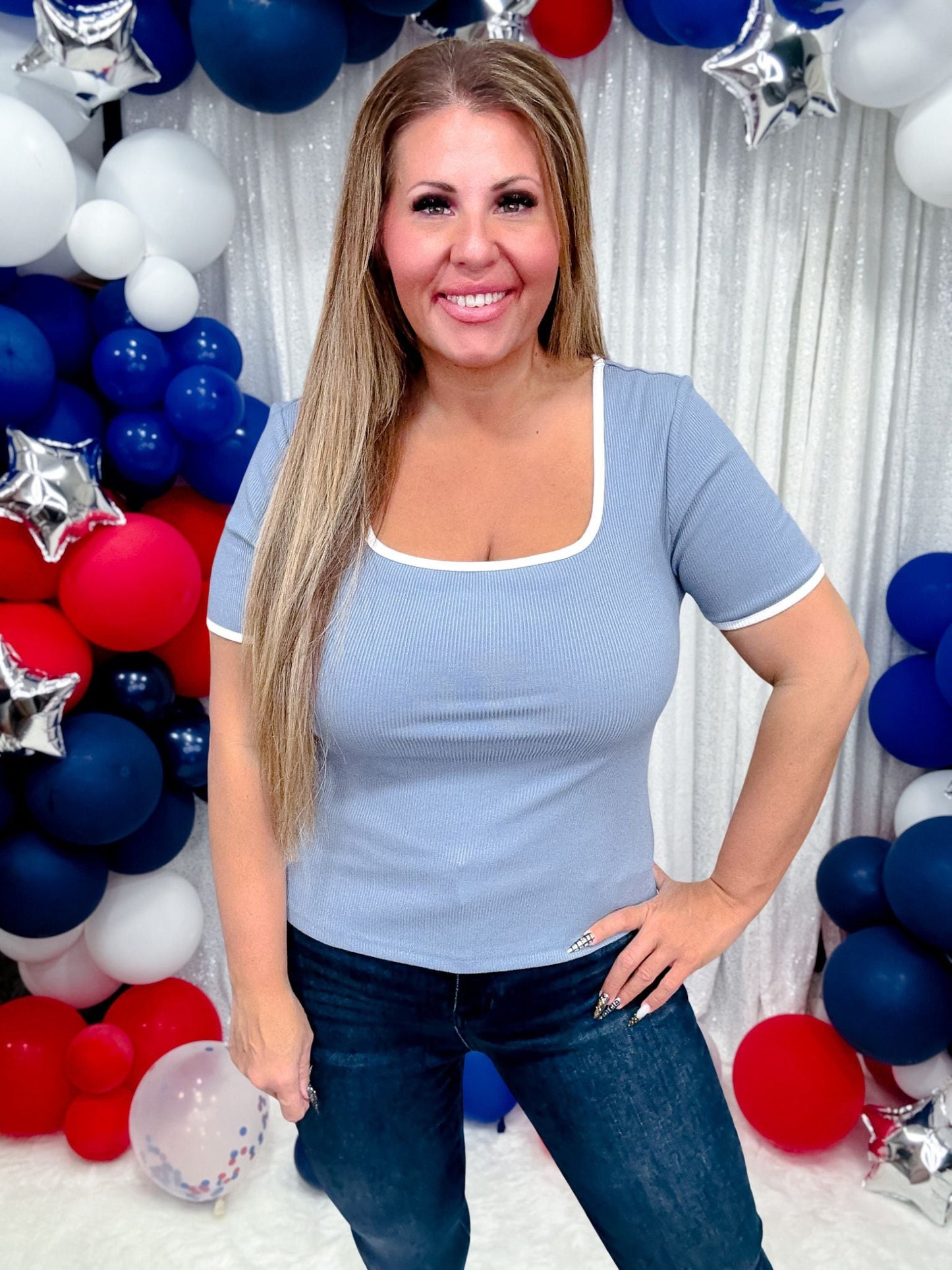 Baby Blue Rib Knit Top With Square Neckline - Whiskey Skies - ODDI