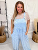 Baby Blue Wide Leg Overall Jumpsuit With Textured Floral Pattern - Whiskey Skies - ODDI