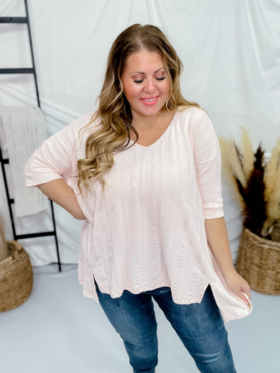 Baby Pink Boxy V - Neck Top - Whiskey Skies - BE STAGE