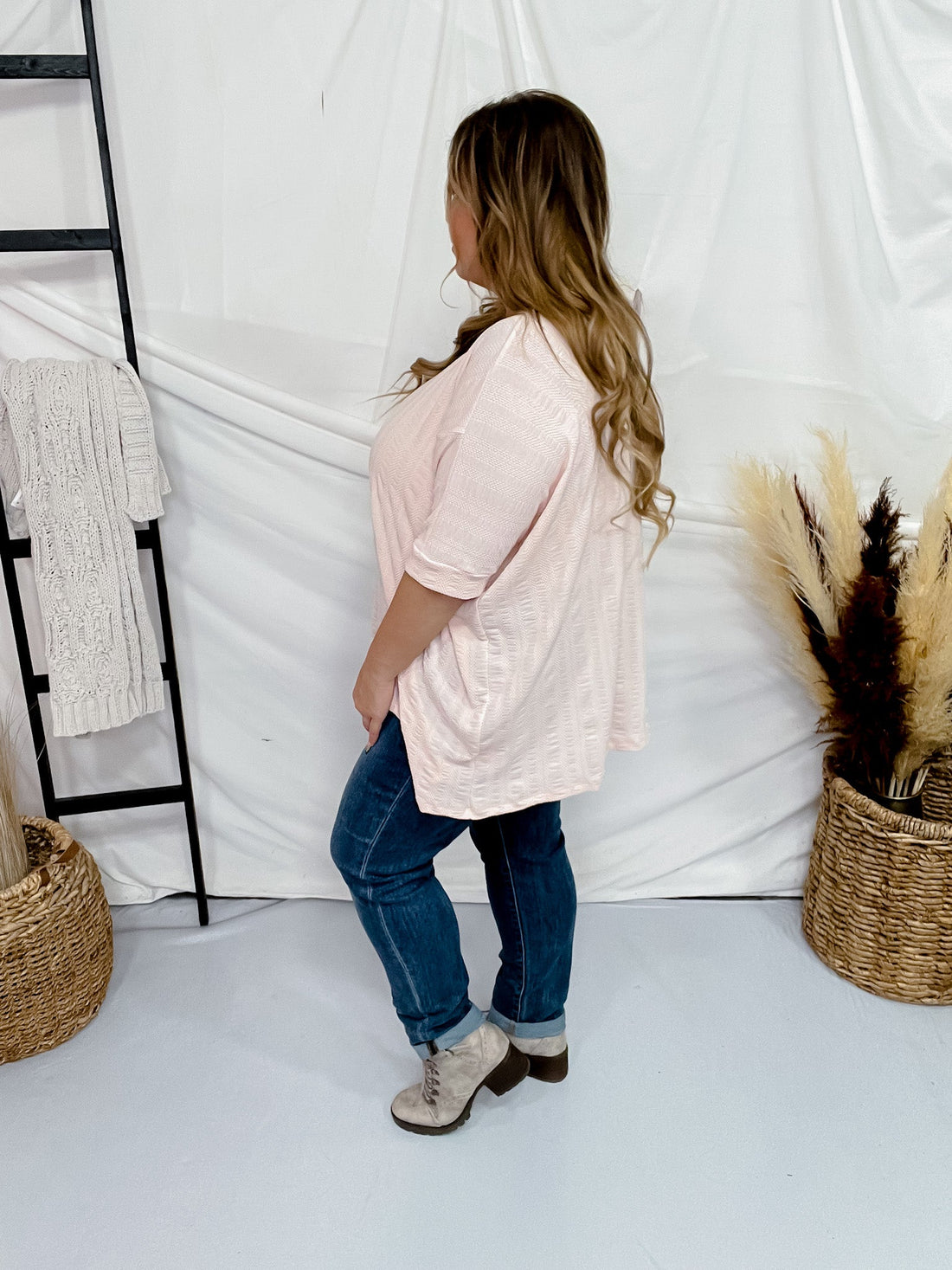 Baby Pink Boxy V - Neck Top - Whiskey Skies - BE STAGE