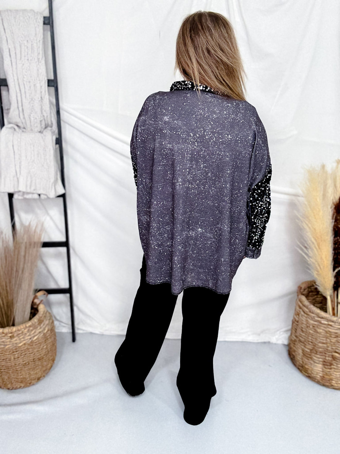 Bad & Boujee Checkered Shacket With Sequined Velvet Trim - Whiskey Skies - STERLING KREEK