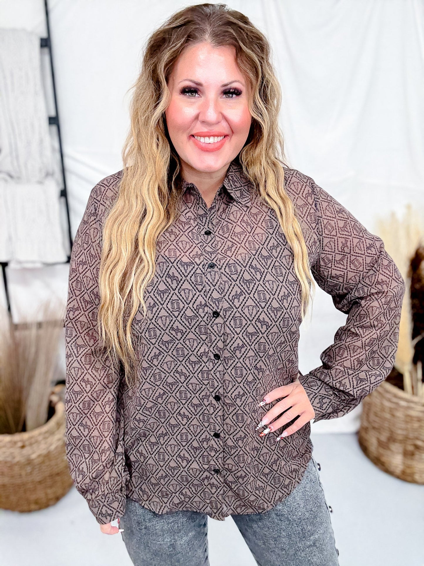 Badlands Sheer Long Sleeve Button Down Top - Whiskey Skies - 2 FLY CO.