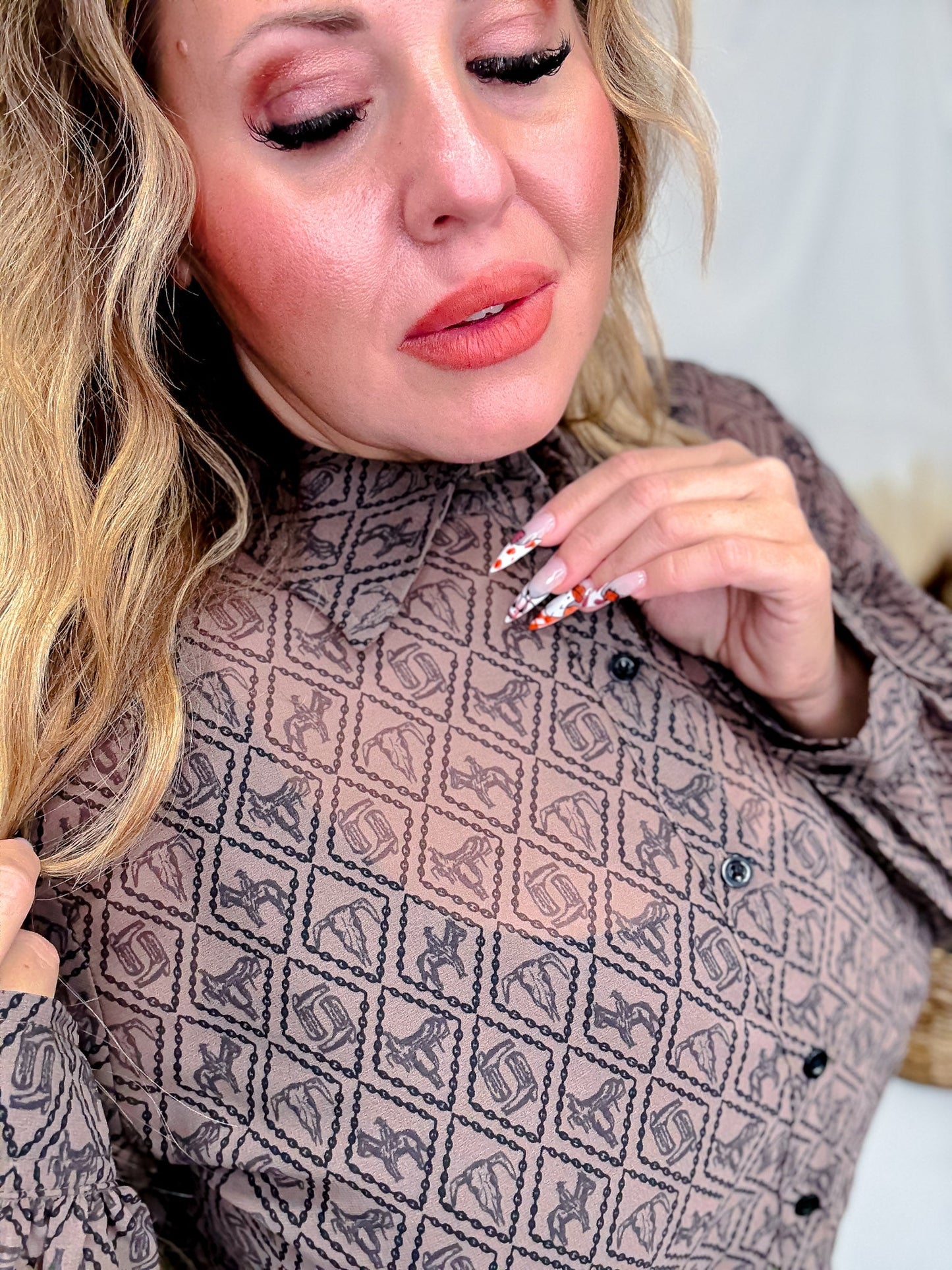 Badlands Sheer Long Sleeve Button Down Top - Whiskey Skies - 2 FLY CO.