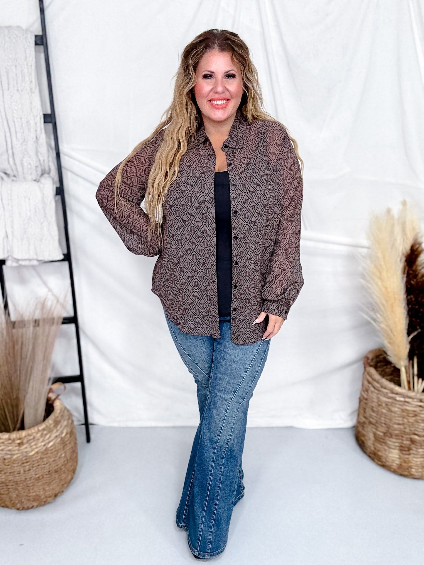 Badlands Sheer Long Sleeve Button Down Top - Whiskey Skies - 2 FLY CO.