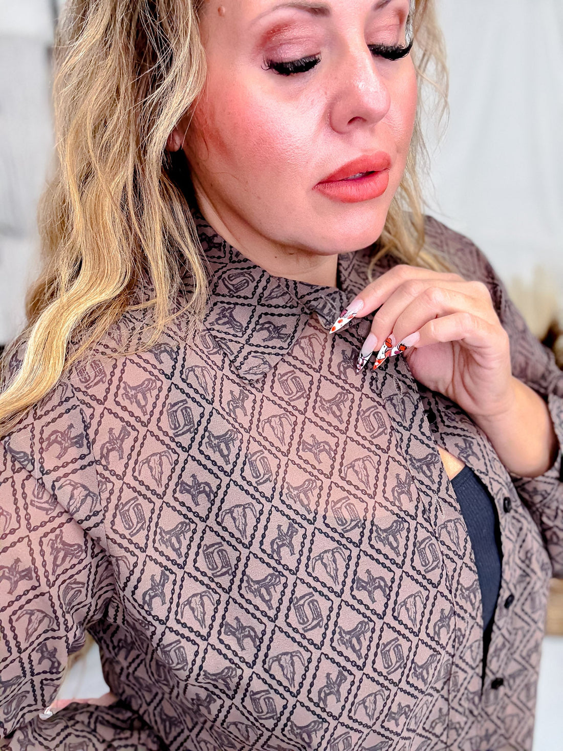 Badlands Sheer Long Sleeve Button Down Top - Whiskey Skies - 2 FLY CO.