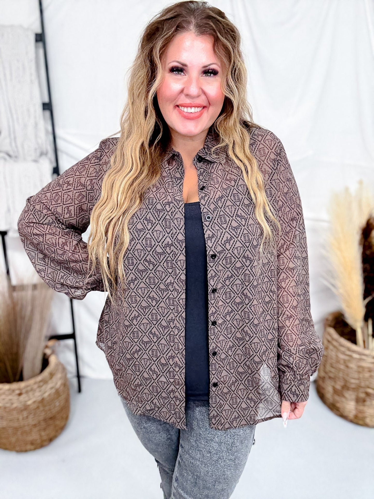Badlands Sheer Long Sleeve Button Down Top - Whiskey Skies - 2 FLY CO.