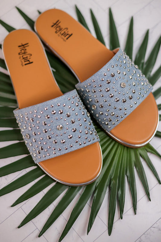 Bail Money Blue Denim Studded Sandals - Whiskey Skies - CORKYS FOOTWEAR