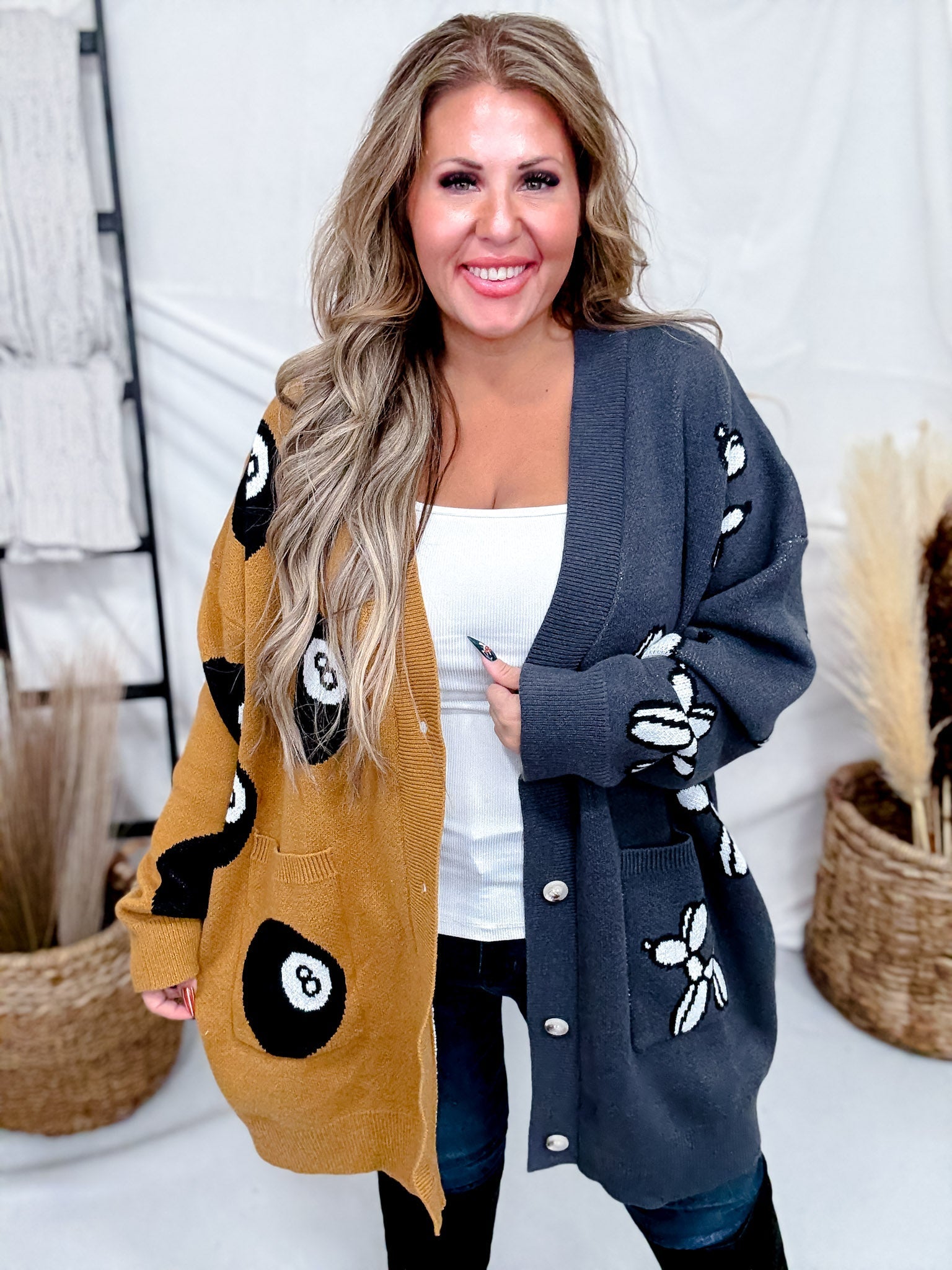 Balloon Dog & 8 Ball Long Sleeve Button Up Cardigan - Whiskey Skies