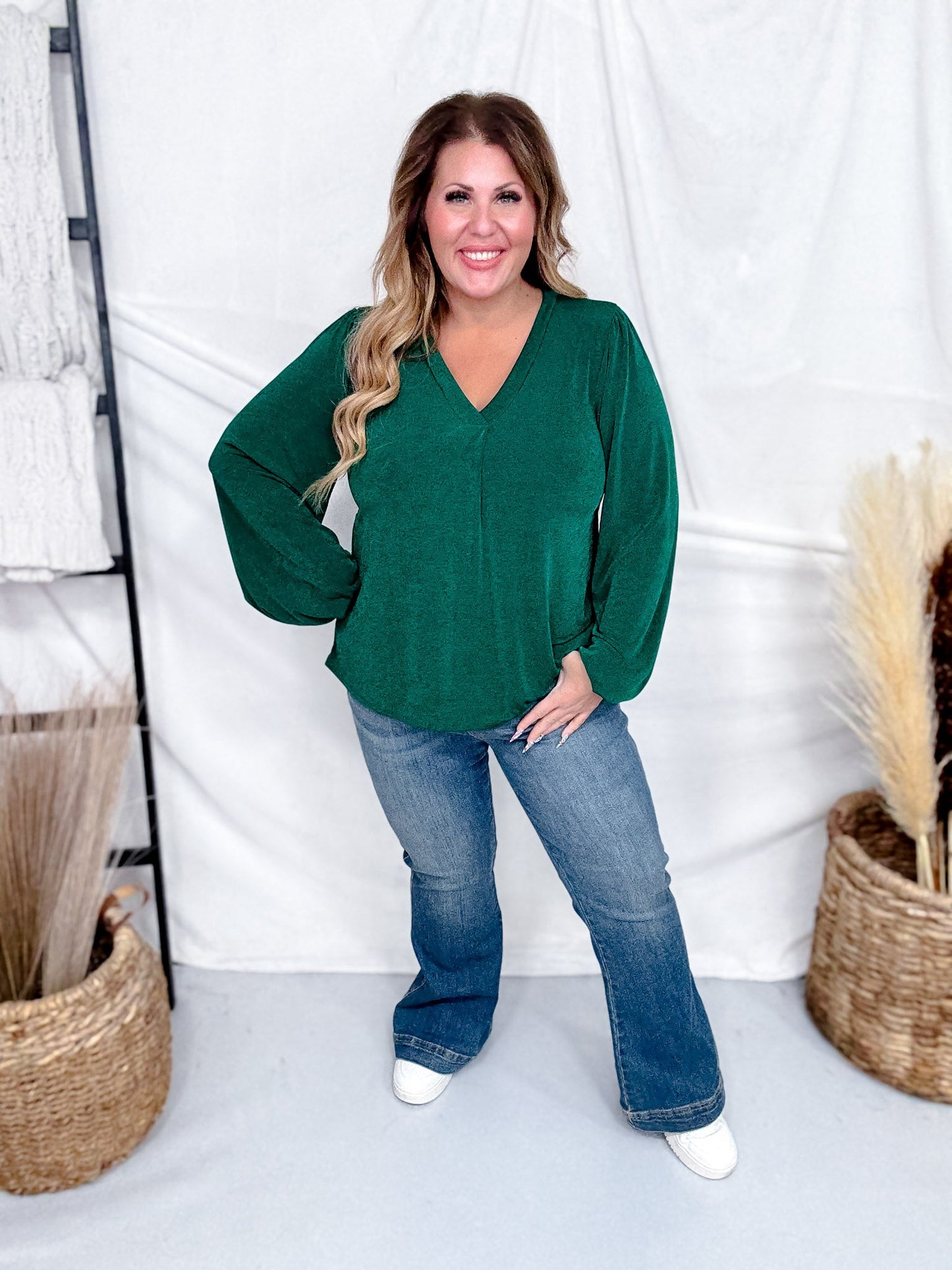 Balloon Sleeve Green V - Neck Top - Whiskey Skies - SEW IN LOVE