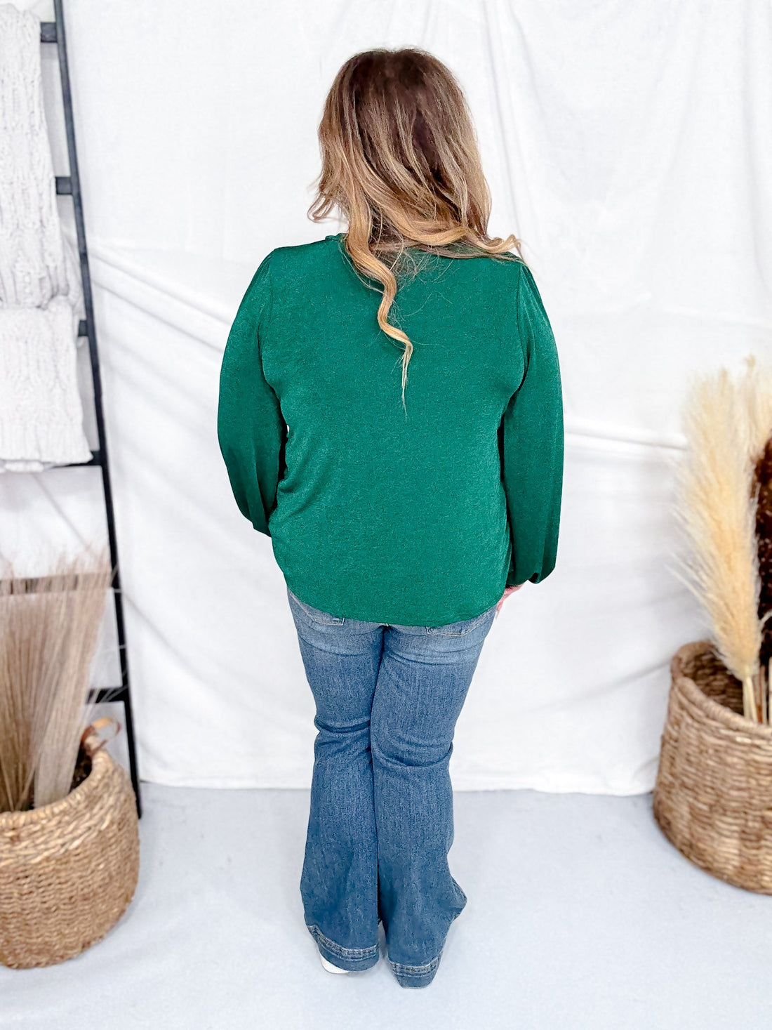 Balloon Sleeve Green V - Neck Top - Whiskey Skies - SEW IN LOVE