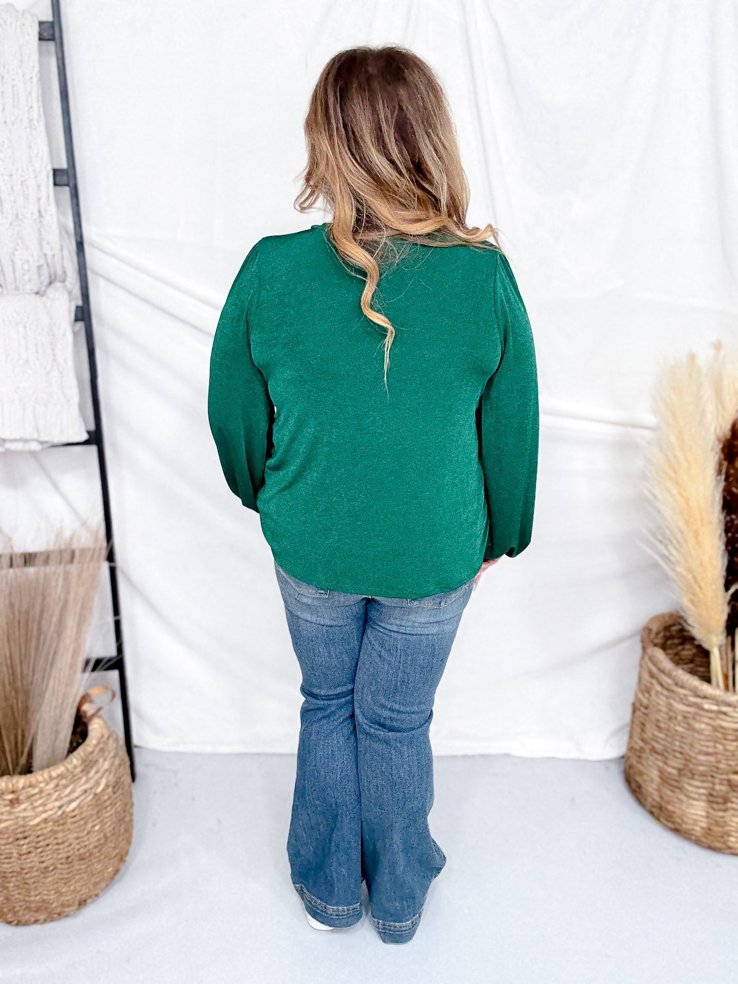 Balloon Sleeve Green V - Neck Top - Whiskey Skies - SEW IN LOVE