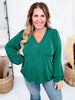 Balloon Sleeve Green V - Neck Top - Whiskey Skies - SEW IN LOVE