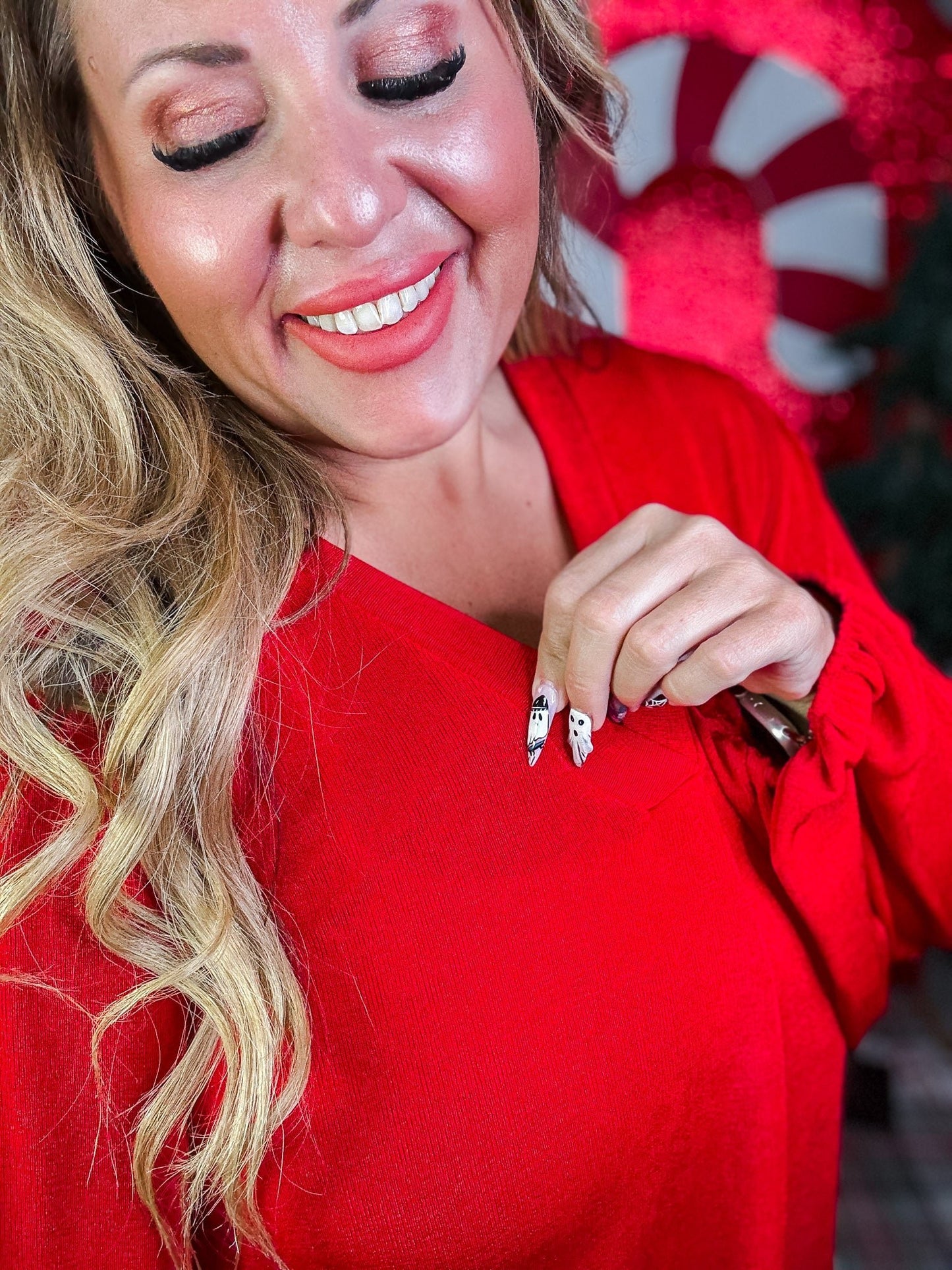 Balloon Sleeve Red V - Neck Top - Whiskey Skies - SEW IN LOVE