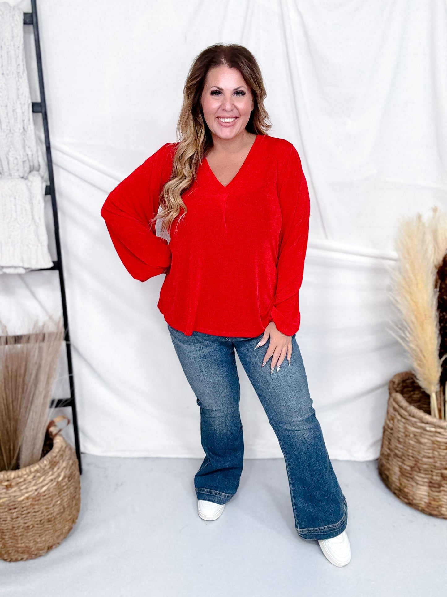 Balloon Sleeve Red V - Neck Top - Whiskey Skies - SEW IN LOVE