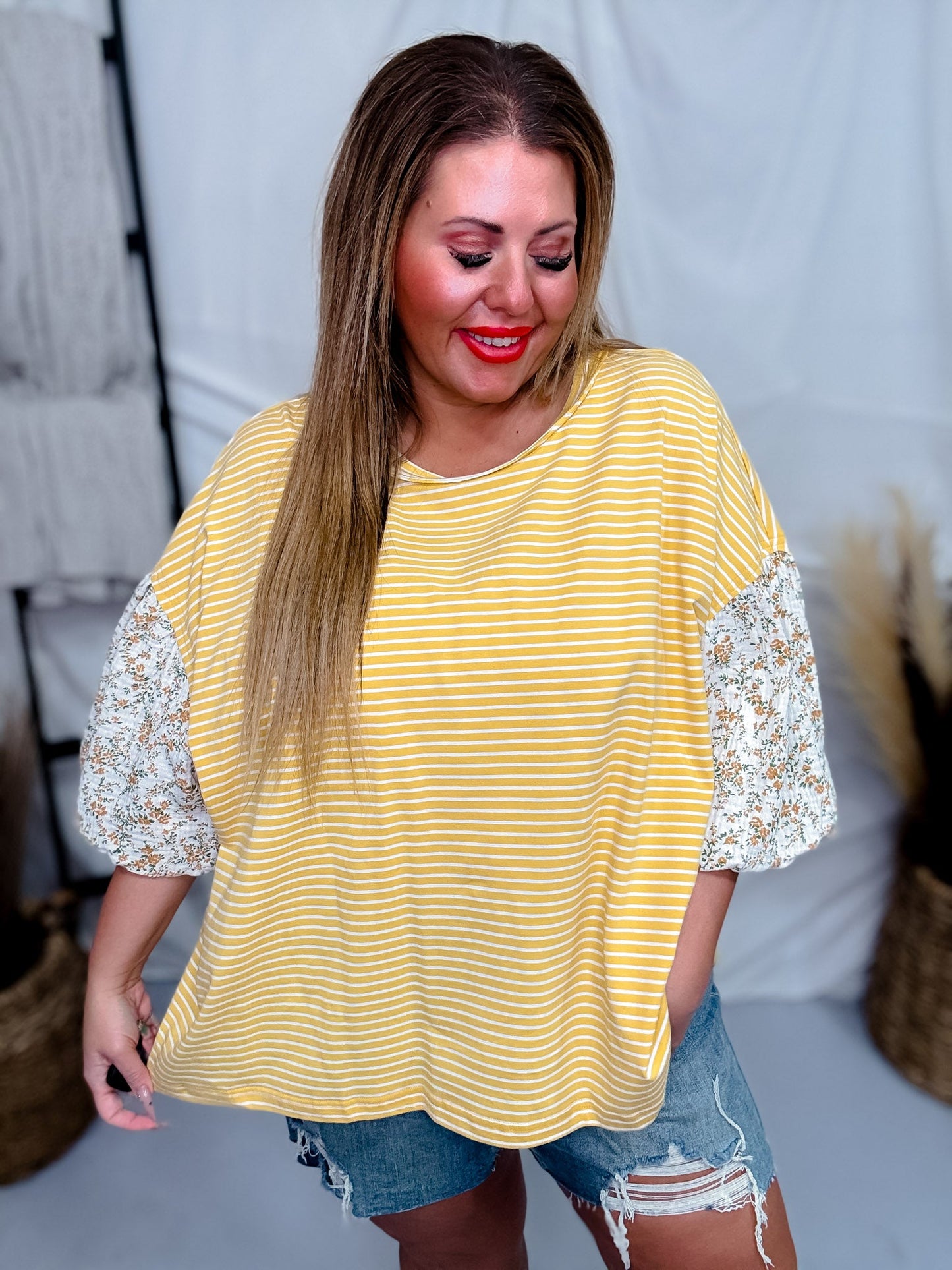 Banana Cream Striped Pullover Top W/ Floral Bubble Sleeves - Whiskey Skies - ODDI