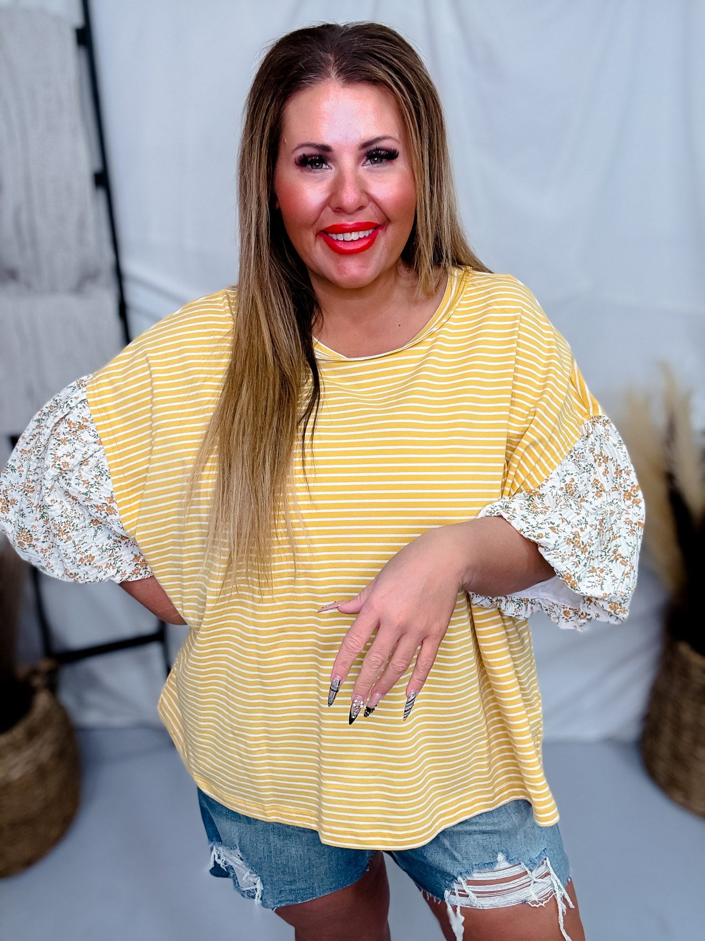 Banana Cream Striped Pullover Top W/ Floral Bubble Sleeves - Whiskey Skies - ODDI