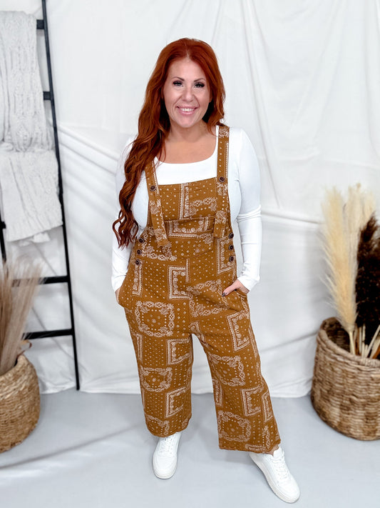 Bandana Print Camel Brown Twill Overalls - Whiskey Skies - EASEL