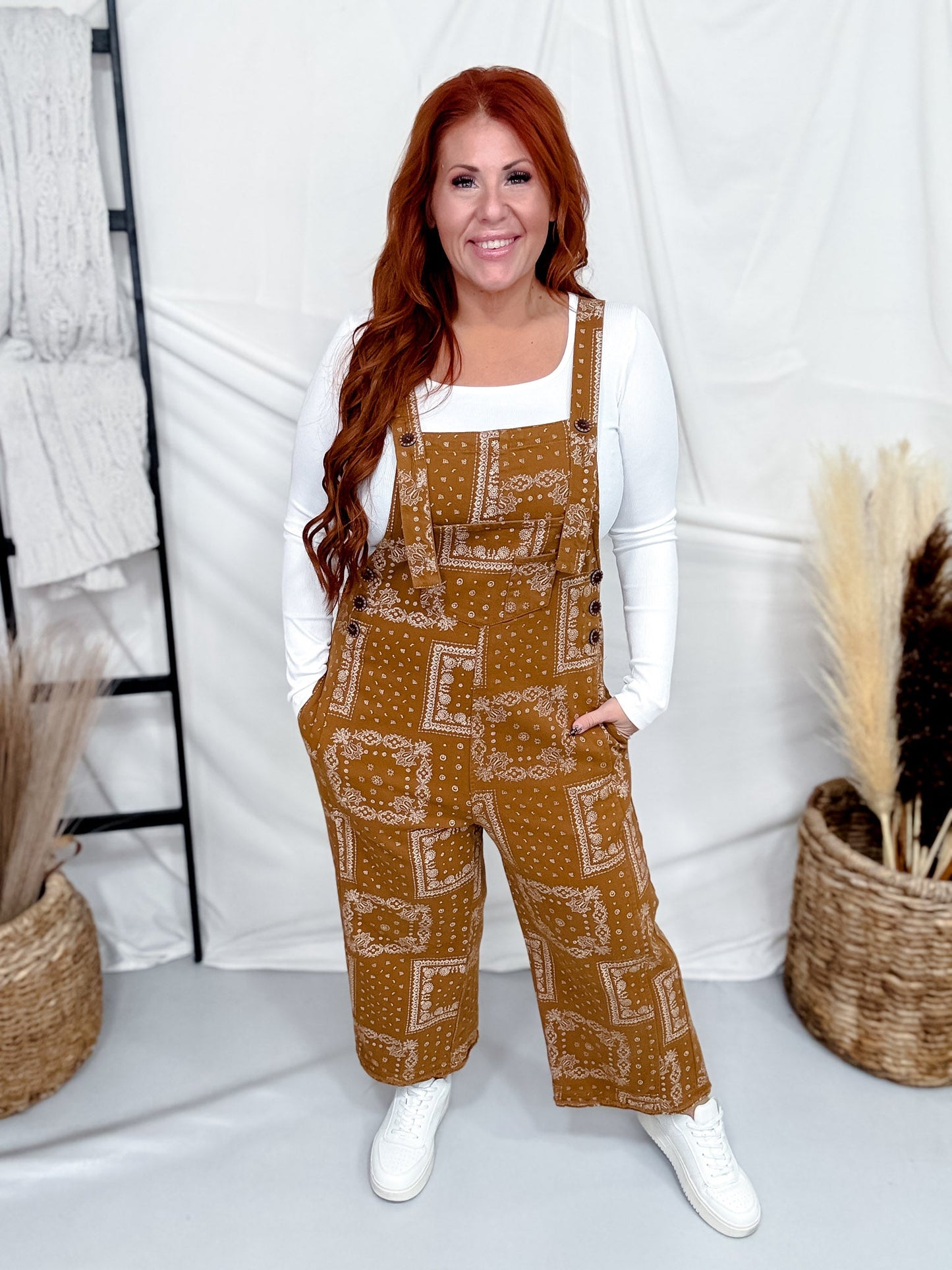 Bandana Print Camel Brown Twill Overalls - Whiskey Skies - EASEL