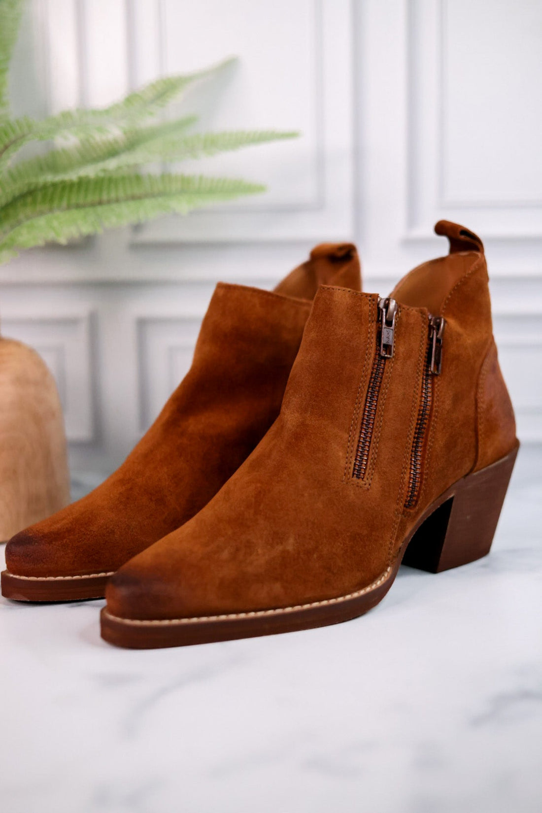 Bandit Suede Ankle Booties with Double Zippers - Whiskey Skies - VERY VOLATILE