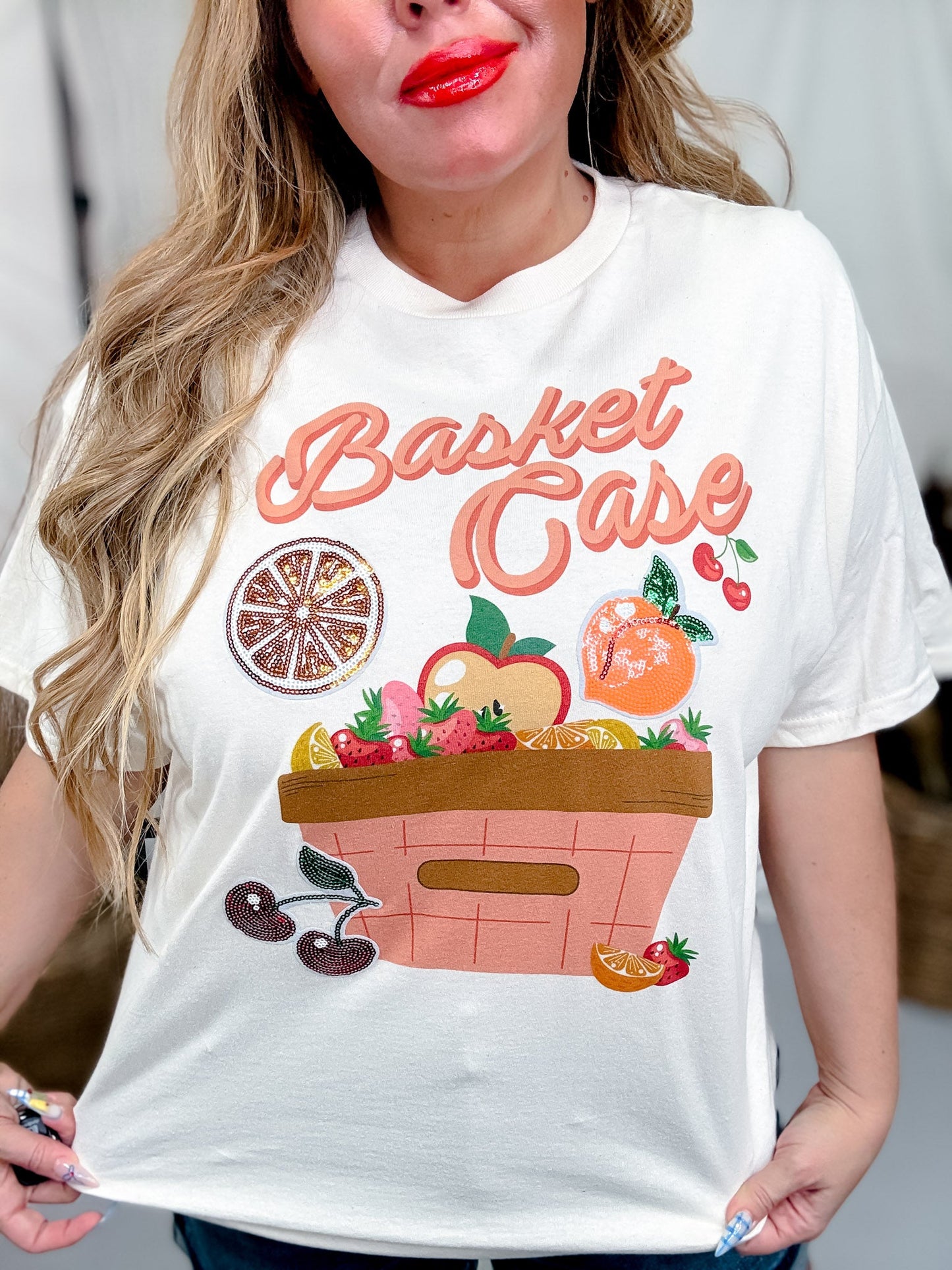 Basket Case Fruity Sequin Graphic T-Shirt - Whiskey Skies - SUGAR STITCH