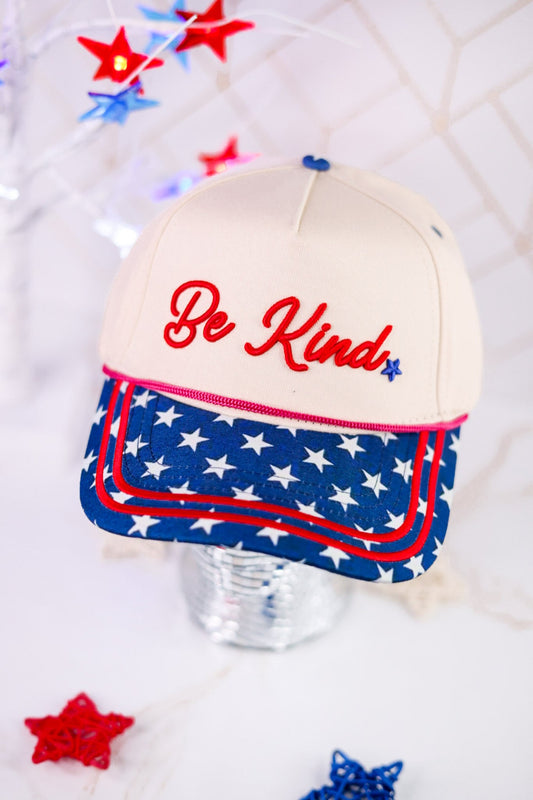 "Be Kind" Hat With Blue Star Print Bill - Whiskey Skies - SOUTHERN GRACE