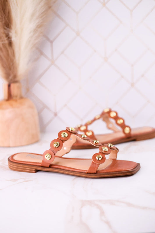Beach What Sandals With Embellished Straps In Cognac - Whiskey Skies - CORKYS FOOTWEAR