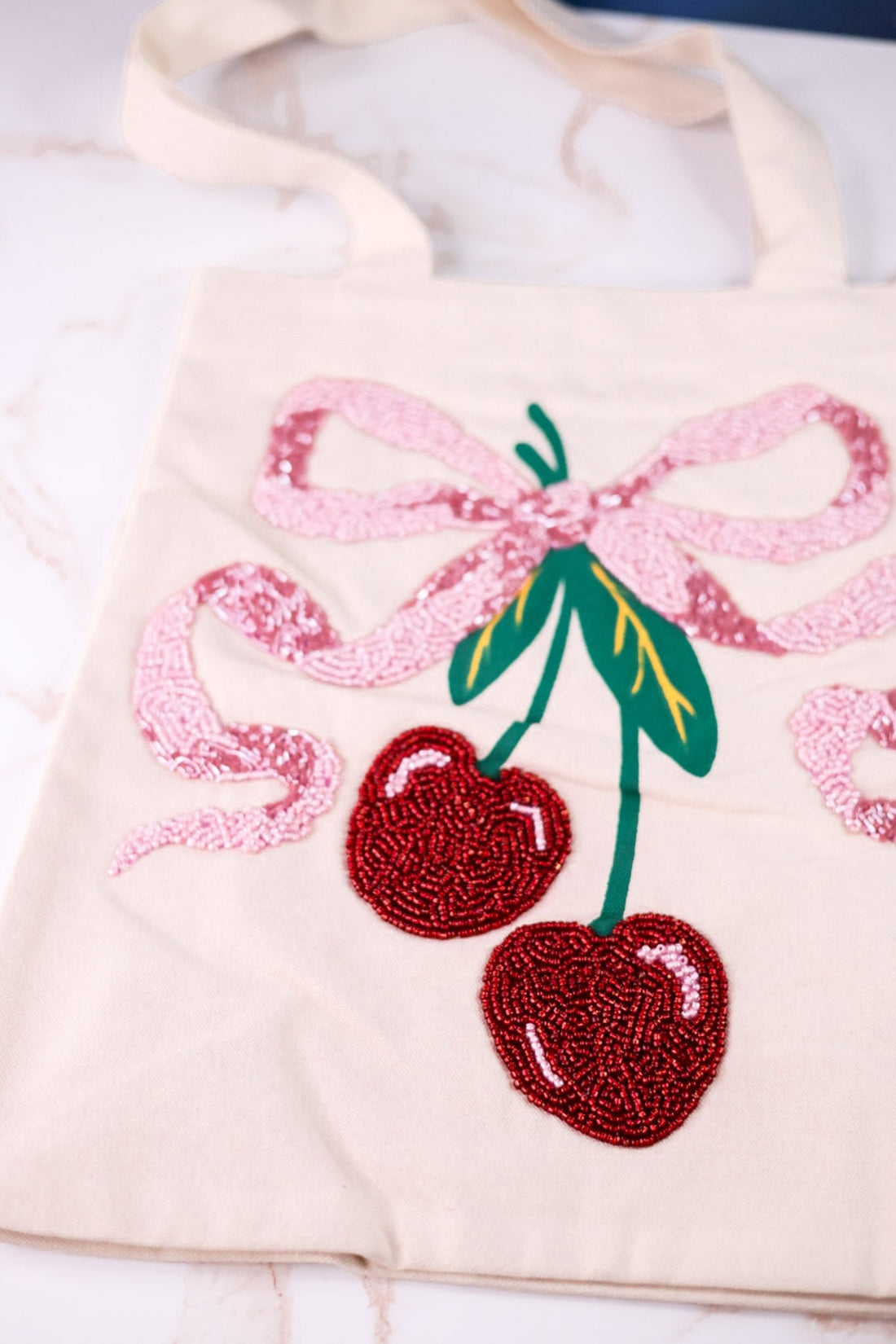 Beaded Cherry Canvas Tote Bag - Whiskey Skies - KARMA