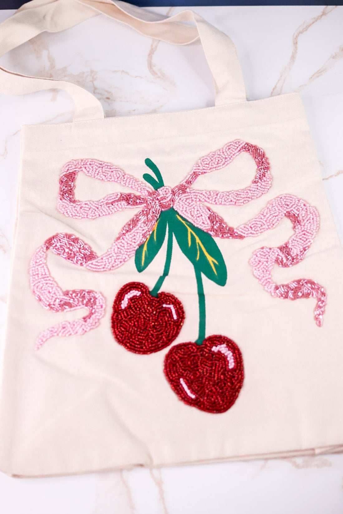 Beaded Cherry Canvas Tote Bag - Whiskey Skies - KARMA
